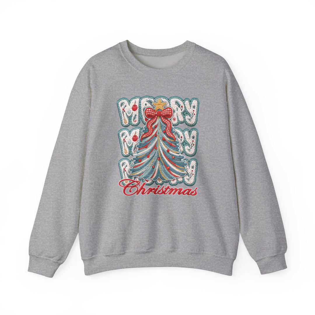 Light-grey crewneck sweatshirt with Merry Merry Christmas graphic, featuring a decorated Christmas tree, blending comfort and festive style in a classic fit.