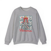 Light-grey crewneck sweatshirt with Merry Merry Christmas graphic, featuring a decorated Christmas tree, blending comfort and festive style in a classic fit.