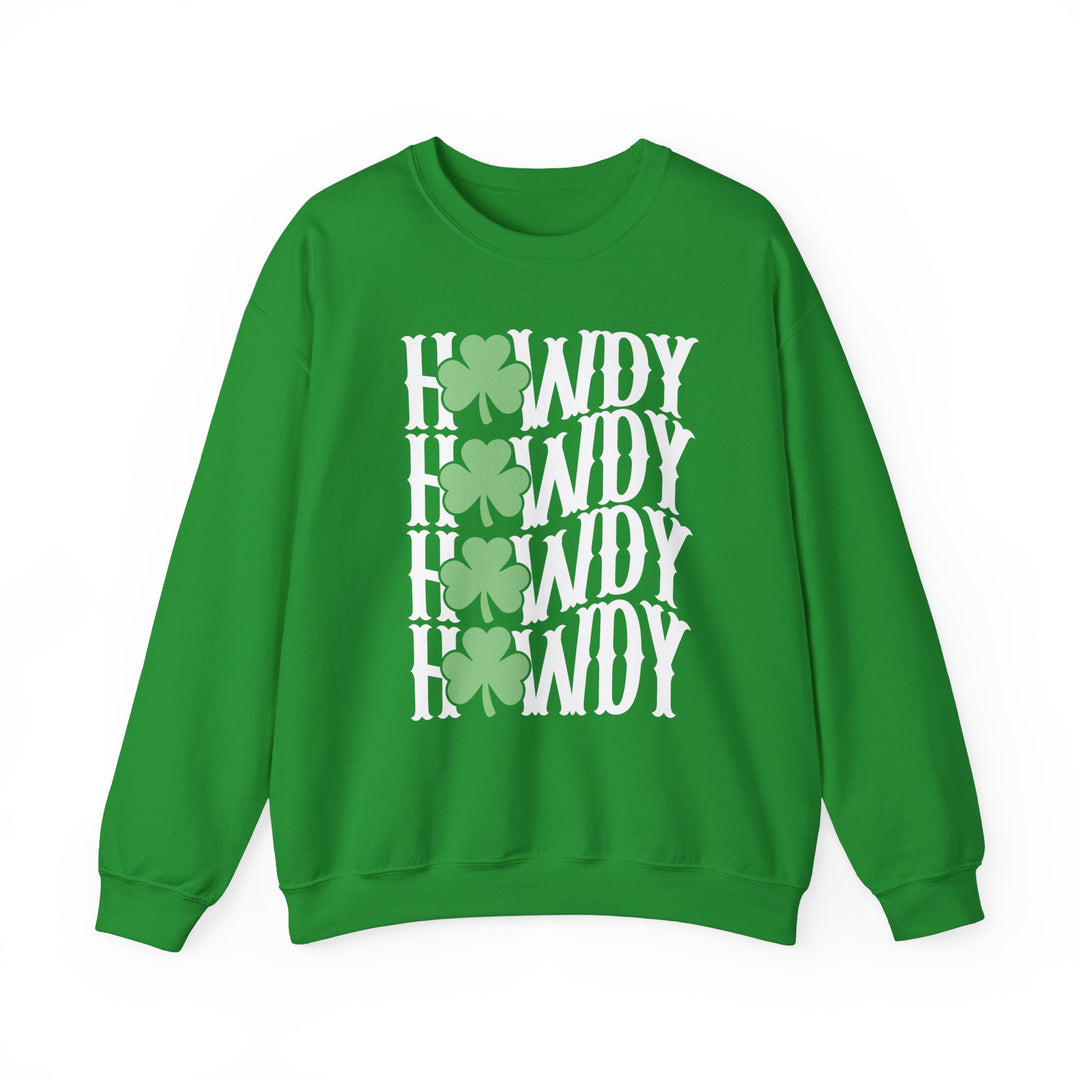 Howdy Lucky Crew green sweatshirt with white text and clover design, unisex, made from a comfortable polyester-cotton blend, featuring ribbed knit collar and no side seams.
