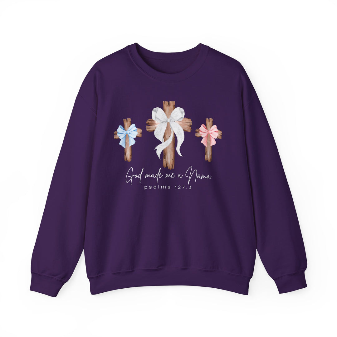 Purple crewneck sweatshirt, God Made Me a Nana, featuring three wooden crosses with bows, crafted for comfort with a polyester-cotton blend.