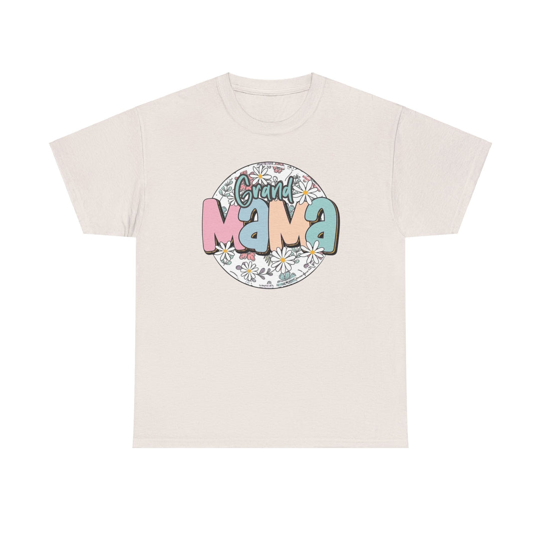 Unisex heavy cotton tee featuring a colorful graphic design of a sassy grandma surrounded by flowers. Classic fit with ribbed knit collar, ideal for casual fashion. Available in various sizes.