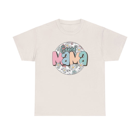 Unisex heavy cotton tee featuring a colorful graphic design of a sassy grandma surrounded by flowers. Classic fit with ribbed knit collar, ideal for casual fashion. Available in various sizes.
