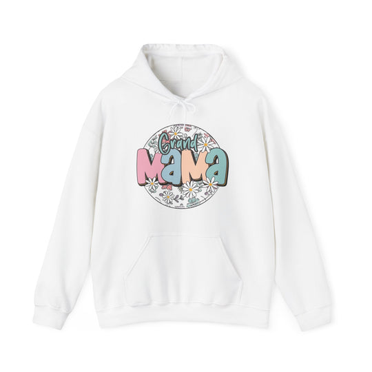 A white heavy blend hooded sweatshirt featuring a logo, ideal for cold days. Unisex, cotton-polyester mix with kangaroo pocket and matching drawstring. Sassy Grand Mama Flower Hoodie from Worlds Worst Tees.