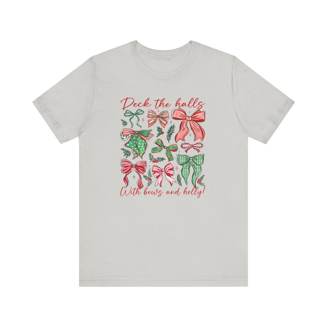 Deck the Halls Tee with festive bows and holly graphic, crafted from soft cotton for a comfortable, stylish fit, perfect for holiday celebrations.