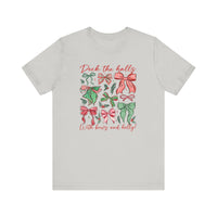 Deck the Halls Tee with festive bows and holly graphic, crafted from soft cotton for a comfortable, stylish fit, perfect for holiday celebrations.