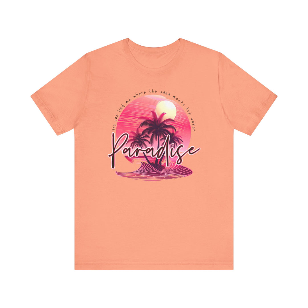 Paradise Tee: Unisex short sleeve tee with ribbed knit collars, tapered shoulders, dual side seams, made from Airlume combed cotton, offering a soft, durable fit.