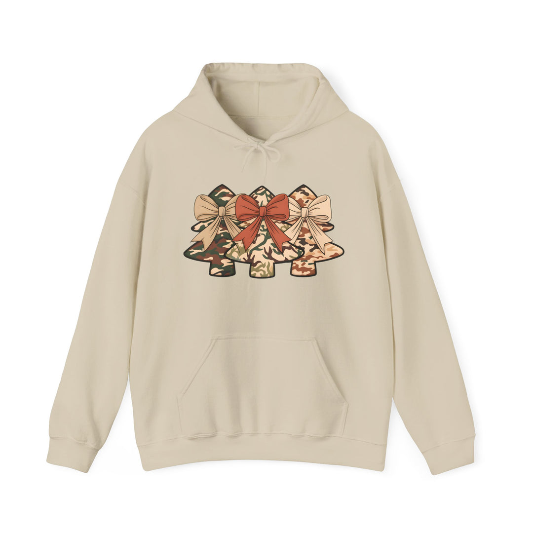 Camo Christmas Tree Hoodie with three camo-patterned trees and festive bows on the chest, featuring a kangaroo pocket and drawstring hood for a cozy fit.