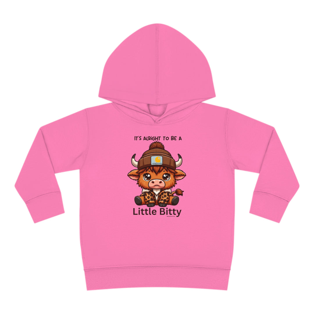 Little Bitty Toddler Hoodie featuring a cartoon cow design, durable construction with jersey-lined hood, cover-stitched details, and side seam pockets for cozy wear. Ideal for kids aged 2-6.