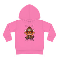 Little Bitty Toddler Hoodie featuring a cartoon cow design, durable construction with jersey-lined hood, cover-stitched details, and side seam pockets for cozy wear. Ideal for kids aged 2-6.