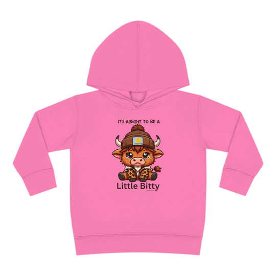 Little Bitty Toddler Hoodie featuring a cartoon cow design, durable construction with jersey-lined hood, cover-stitched details, and side seam pockets for cozy wear. Ideal for kids aged 2-6.