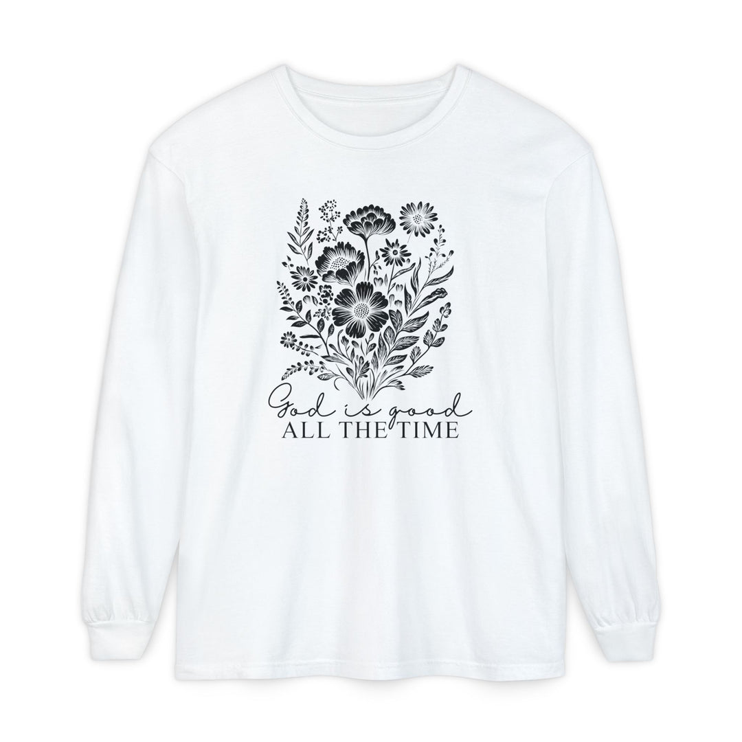 GOD is Good All the Time Long Sleeve Tee featuring a hand-drawn floral bouquet and inspirational text, crafted from soft, 100% ring-spun cotton for casual comfort.