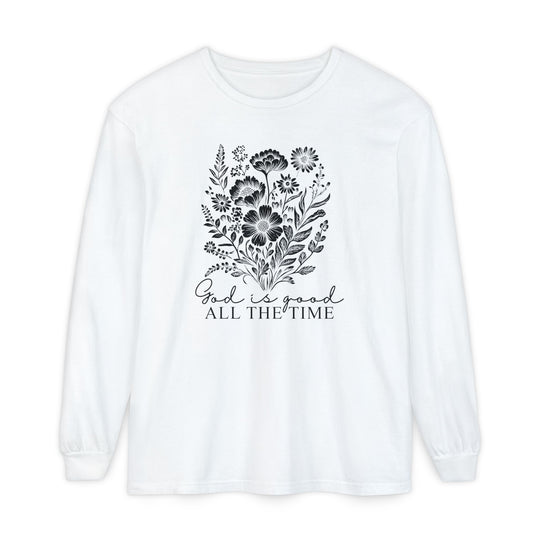 GOD is Good All the Time Long Sleeve Tee featuring a hand-drawn floral bouquet and inspirational text, crafted from soft, 100% ring-spun cotton for casual comfort.