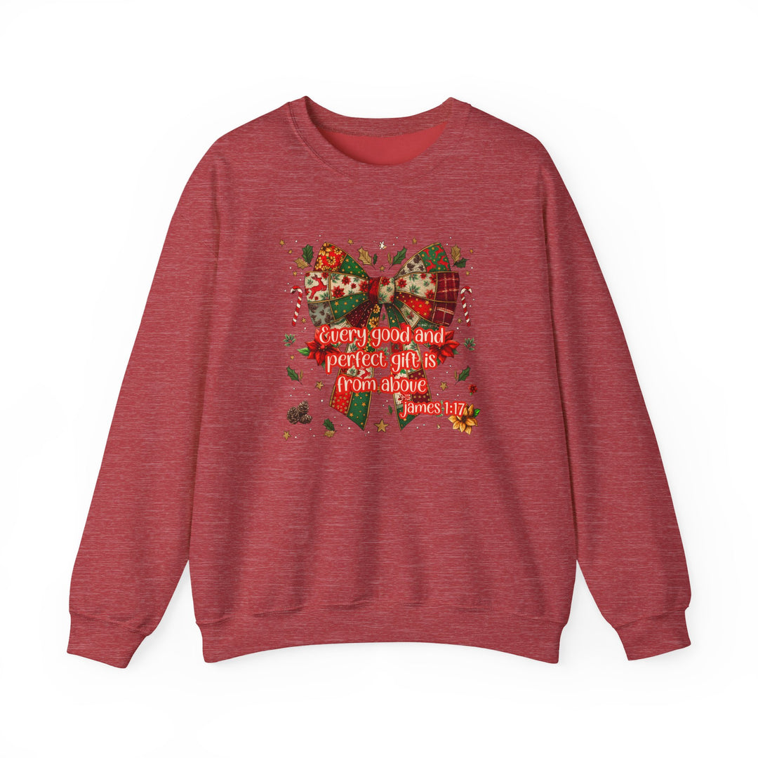 Gift from Above Crew: Red crewneck sweatshirt with festive Christmas design featuring a patchwork-style bow, holly, candy canes, and James 1:17 quote.