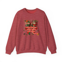 Gift from Above Crew: Red crewneck sweatshirt with festive Christmas design featuring a patchwork-style bow, holly, candy canes, and James 1:17 quote.