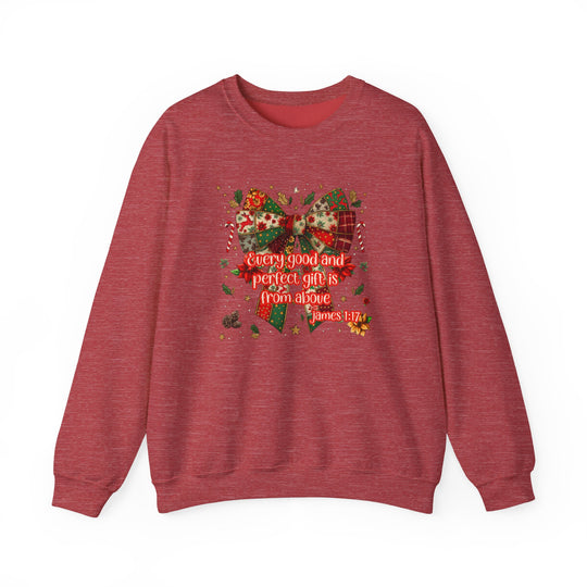 Gift from Above Crew: Red crewneck sweatshirt with festive Christmas design featuring a patchwork-style bow, holly, candy canes, and James 1:17 quote.