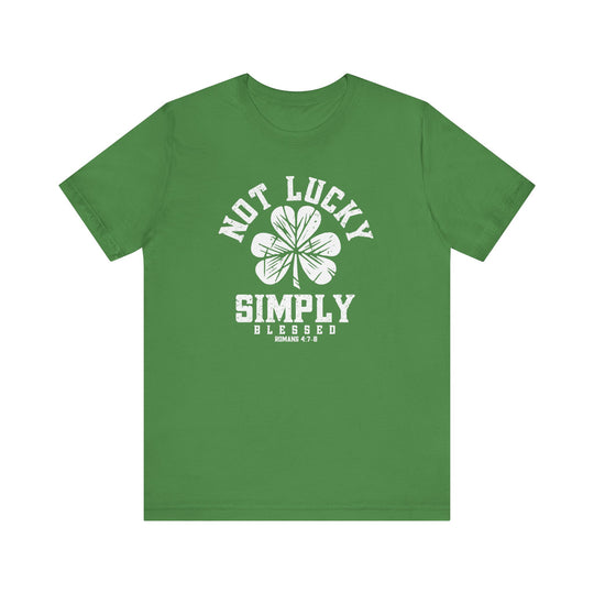 Not Lucky Tee: Green shirt featuring a four-leaf clover design, crafted from soft cotton with ribbed knit collars and dual side seams for durability.