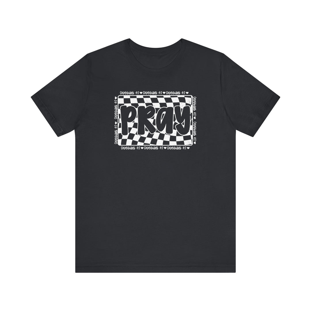 Pray Tee: Black t-shirt with white text and design, featuring a classic unisex fit, soft cotton, ribbed knit collars, and durable dual side seams.