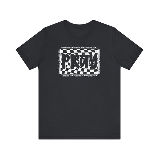 Pray Tee: Black t-shirt with white text and design, featuring a classic unisex fit, soft cotton, ribbed knit collars, and durable dual side seams.