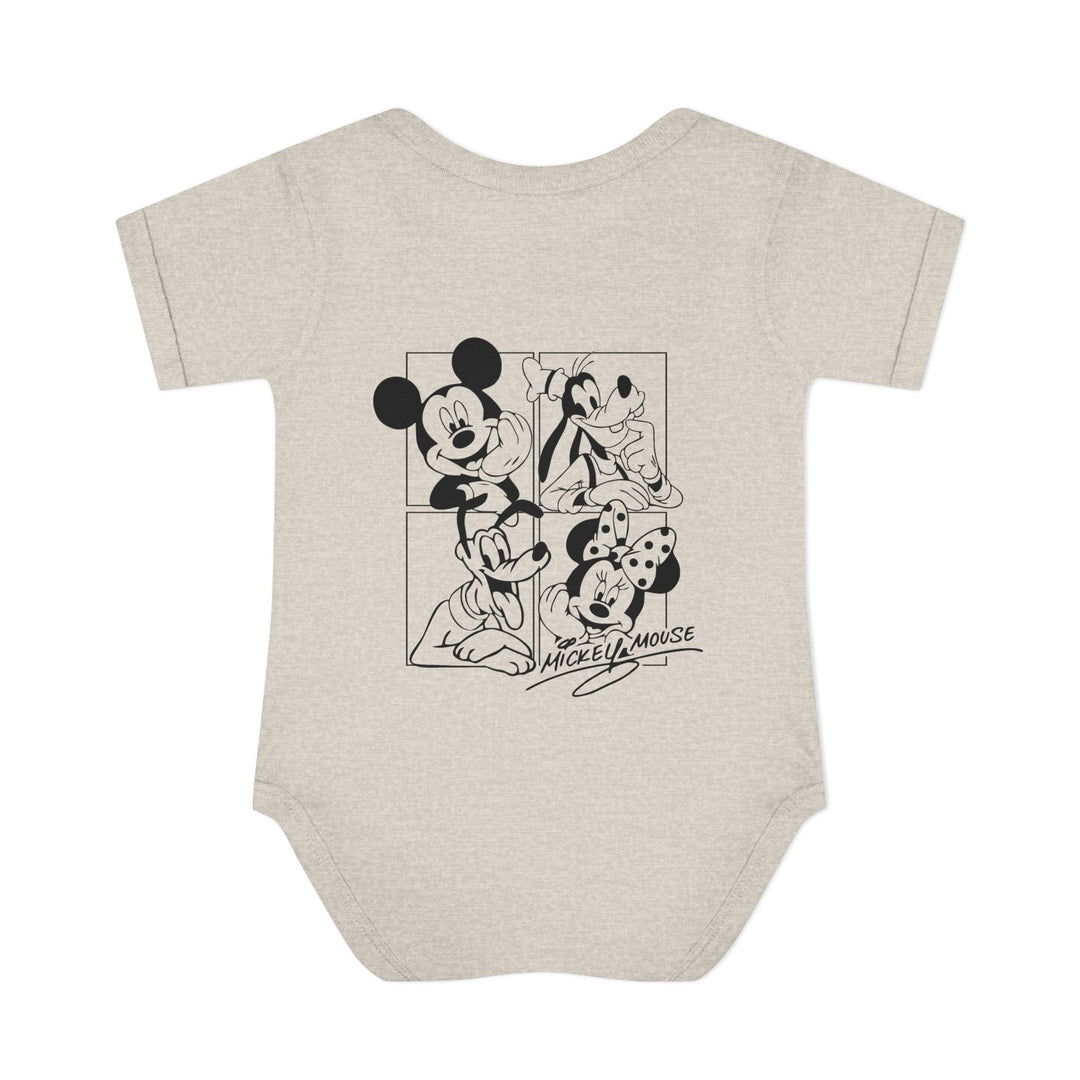 Mickey and CO Onesie: Infant bodysuit with lap shoulders, showcasing a soft, 100% ring-spun cotton material, designed for comfort and ease with fidgety babies.