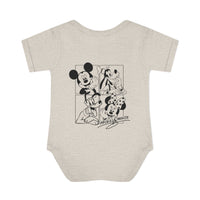 Mickey and CO Onesie: Infant bodysuit with lap shoulders, showcasing a soft, 100% ring-spun cotton material, designed for comfort and ease with fidgety babies.