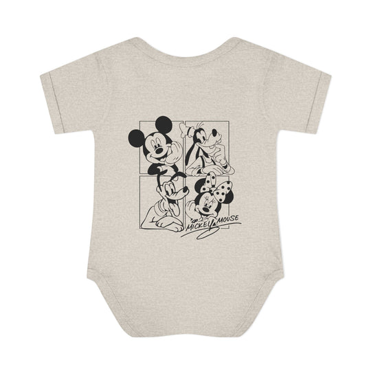 Mickey and CO Onesie: Infant bodysuit with lap shoulders, showcasing a soft, 100% ring-spun cotton material, designed for comfort and ease with fidgety babies.