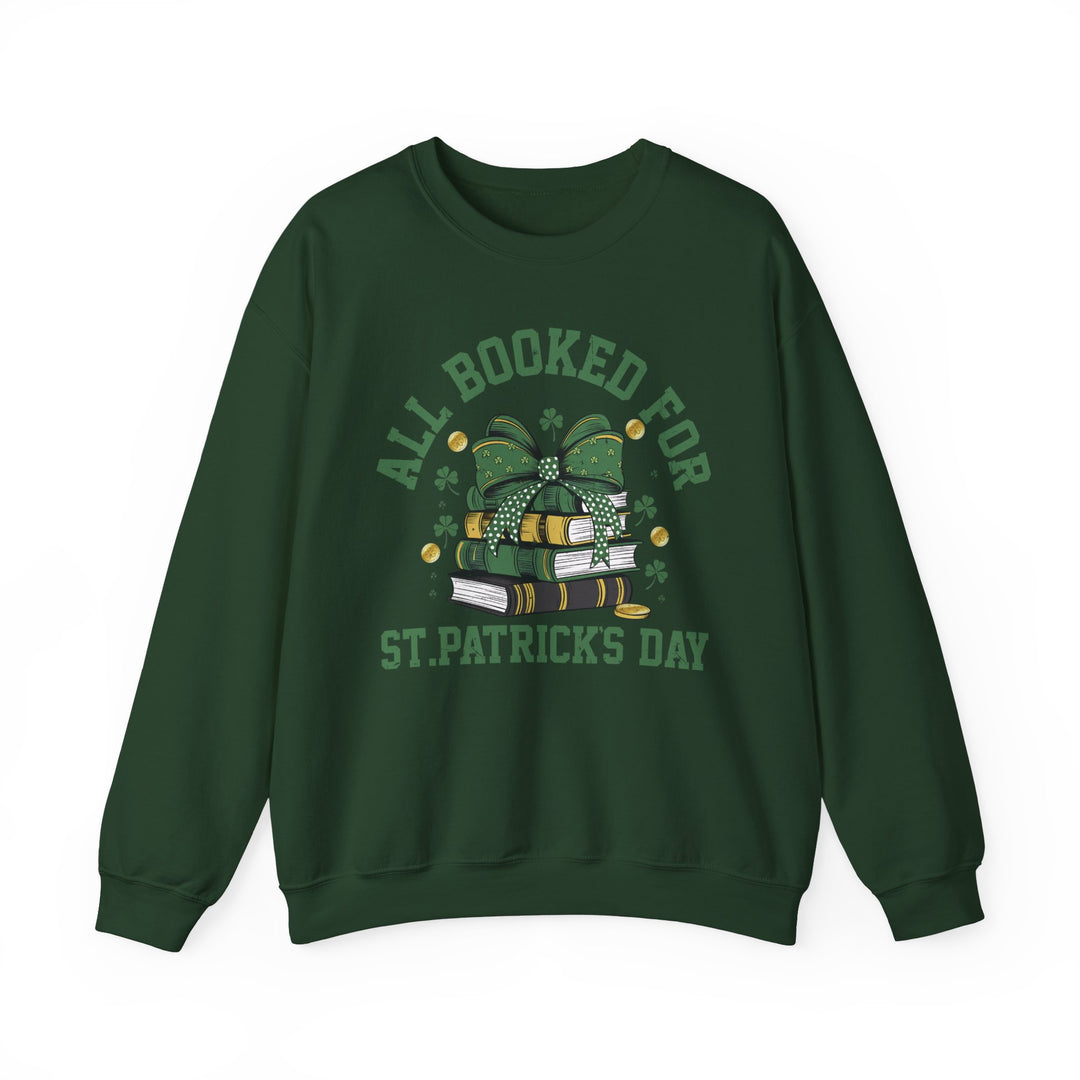 Booked Up for St. Patrick's Day Crew sweatshirt features a graphic design of stacked books with a bow, offering a comfortable, loose fit with a ribbed collar.