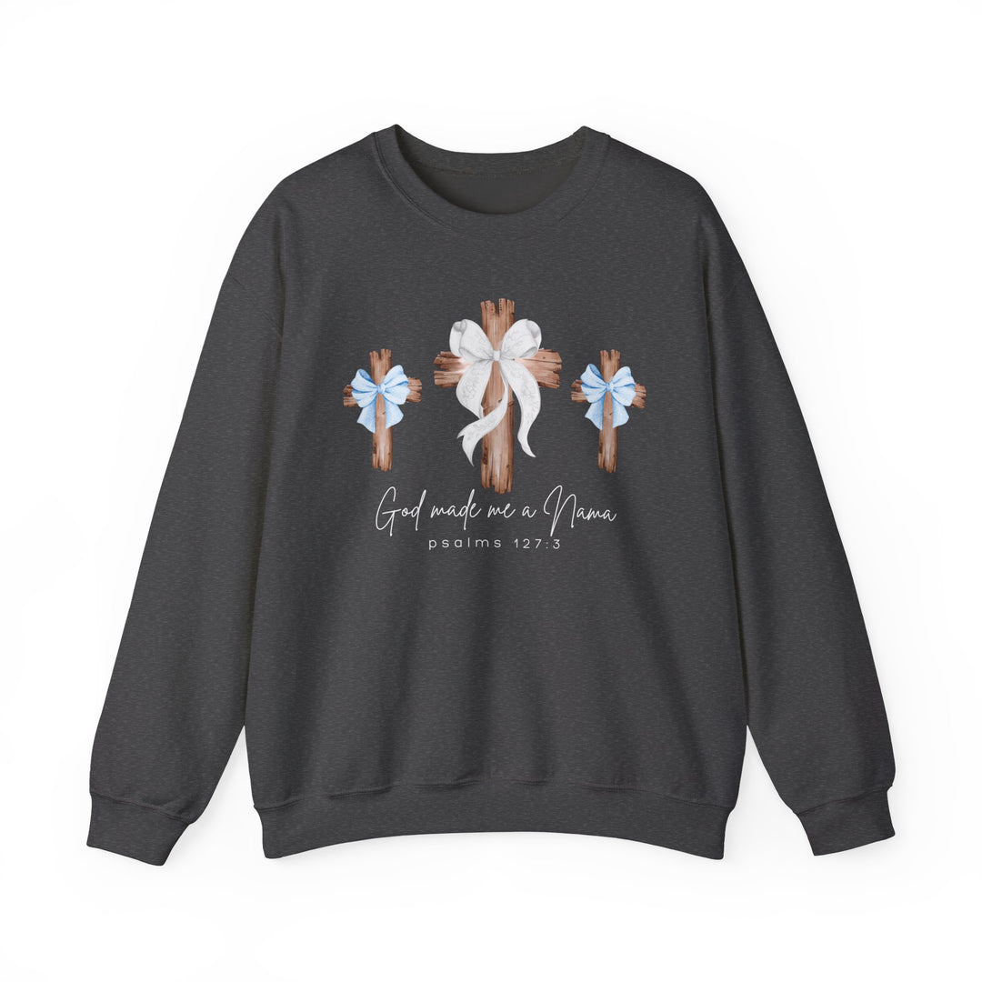 Charcoal-gray God Made Me a Nana Crew sweatshirt with three rustic wooden crosses and script text, ideal for comfort and style.
