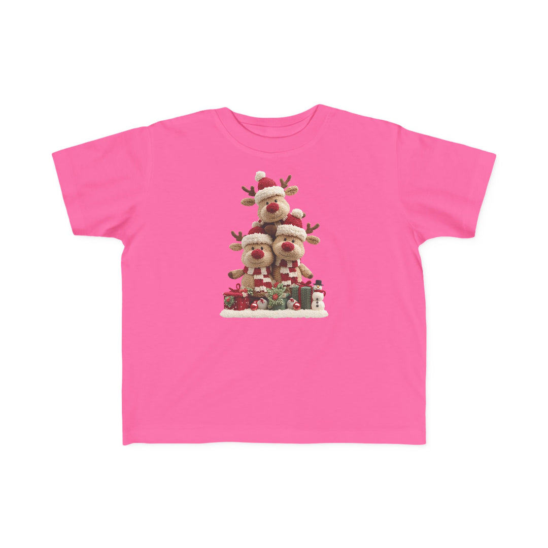 Reindeer Tree Toddler Tee featuring cuddly reindeer in Santa hats with gifts, perfect for sensitive skin. Soft cotton, classic fit, ideal for toddlers.