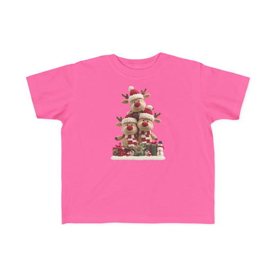 Reindeer Tree Toddler Tee featuring cuddly reindeer in Santa hats with gifts, perfect for sensitive skin. Soft cotton, classic fit, ideal for toddlers.