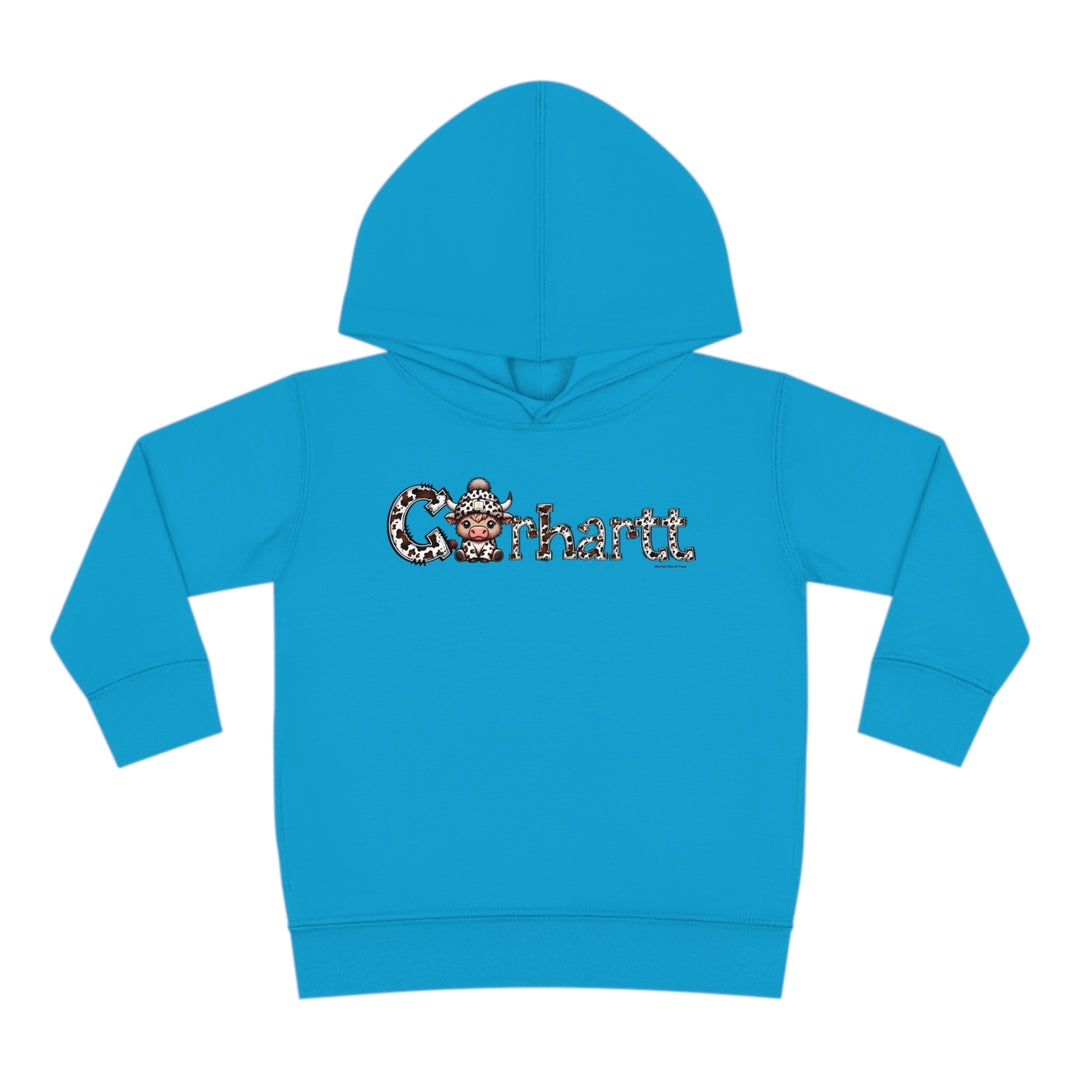Toddler hoodie featuring a cartoon cow design, durable construction with cover-stitched details, side seam pockets for coziness. 60% cotton, 40% polyester blend. Cowhartt Cow Toddler Hoodie.