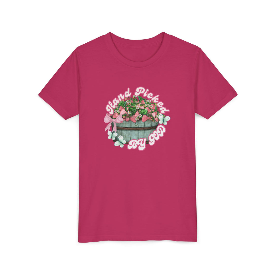 Hand Picked by GOD Youth Tee, a soft, lightweight kids' shirt with ribbed collar, ideal for displaying custom artwork, ensuring all-day comfort and a modern fit.