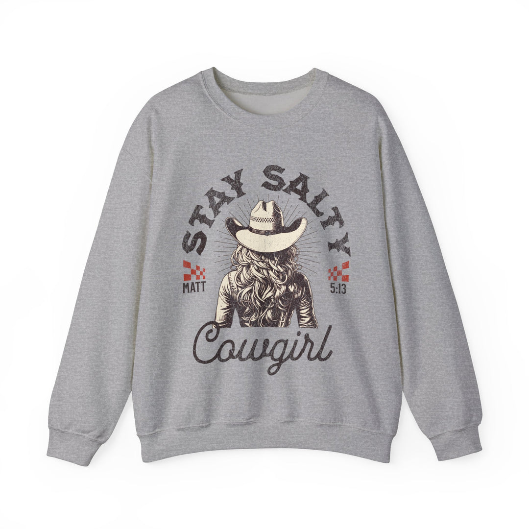 Stay Salty Crew grey sweatshirt featuring a graphic of a woman in a cowboy hat, ideal for casual wear with a comfortable, loose fit.