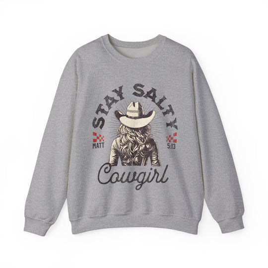 Stay Salty Crew grey sweatshirt featuring a graphic of a woman in a cowboy hat, ideal for casual wear with a comfortable, loose fit.