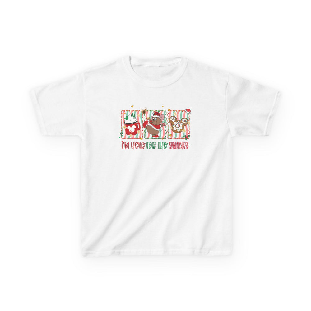Here for the Snacks Kids Tee features festive cartoon snacks: a Mickey-ear mug, gingerbread bear, and Mickey-shaped treat, with I’m here for the snacks! caption.