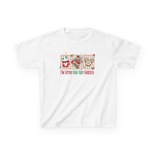 Here for the Snacks Kids Tee features festive cartoon snacks: a Mickey-ear mug, gingerbread bear, and Mickey-shaped treat, with I’m here for the snacks! caption.