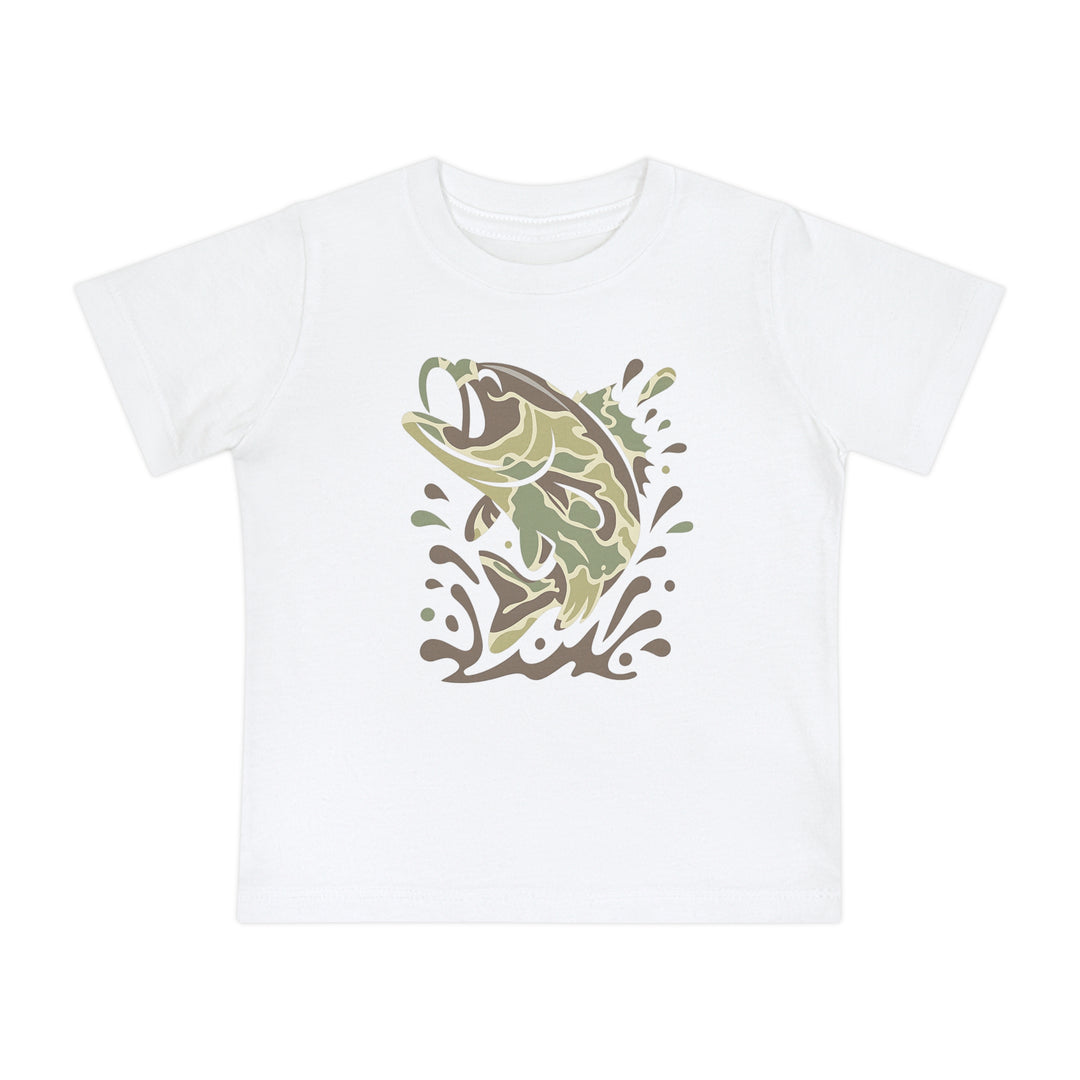 Camo Fish Toddler Crew T-shirt features a leaping fish in camouflage colors on a soft, durable white fabric, perfect for stylish comfort.