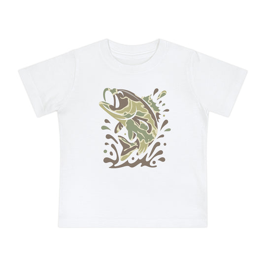 Camo Fish Toddler Crew T-shirt features a leaping fish in camouflage colors on a soft, durable white fabric, perfect for stylish comfort.