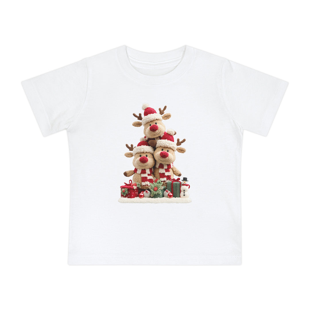 Reindeer Tree Baby Tee: White T-shirt featuring a Christmas graphic of three knitted-style reindeer in Santa hats, surrounded by festive elements, perfect for stylish baby steps.