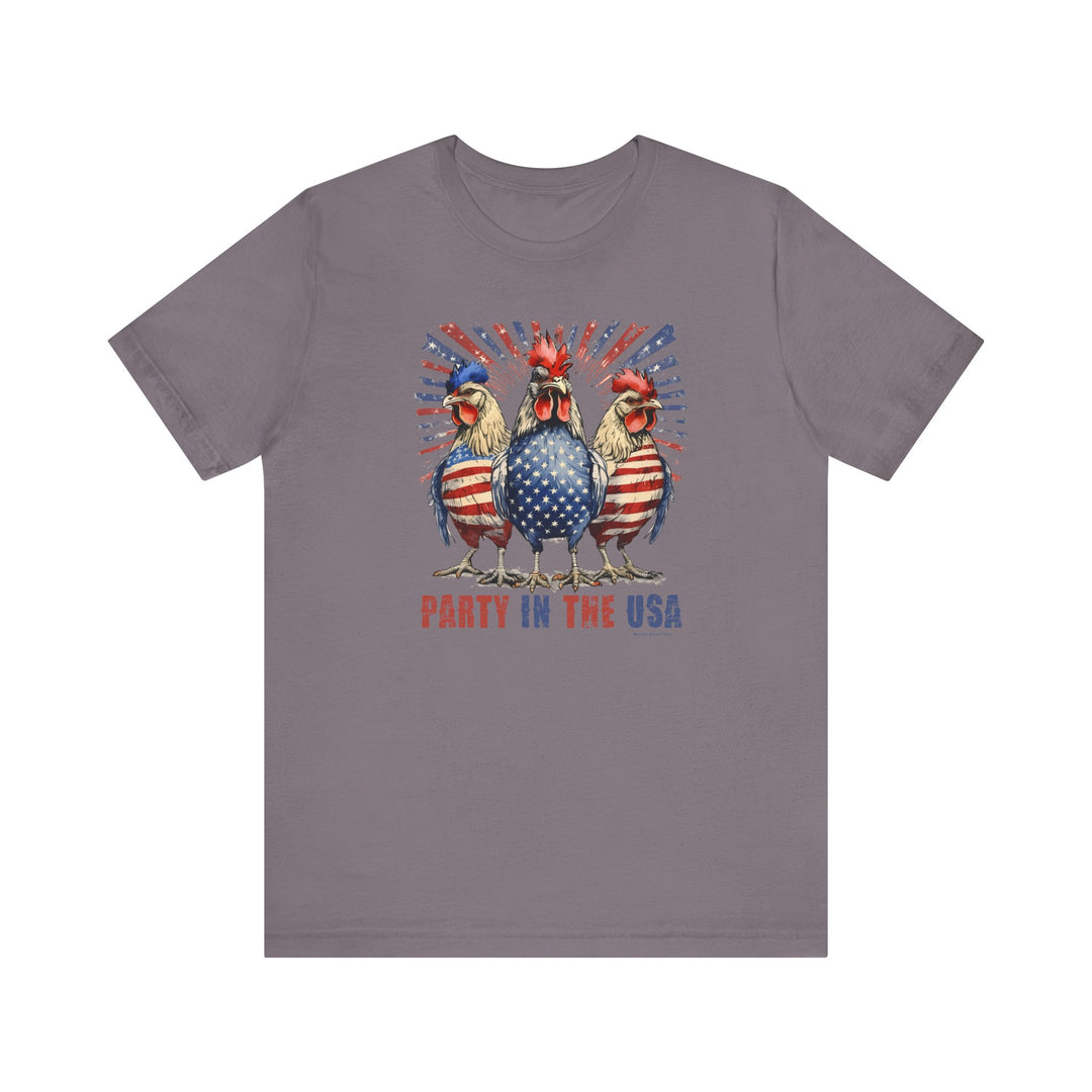 A Party In the USA Tee featuring a group of chickens with an American flag motif, on a soft cotton jersey shirt with ribbed knit collars and taping for lasting fit. Unisex sizing.
