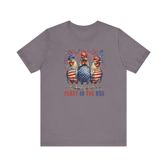 A Party In the USA Tee featuring a group of chickens with an American flag motif, on a soft cotton jersey shirt with ribbed knit collars and taping for lasting fit. Unisex sizing.