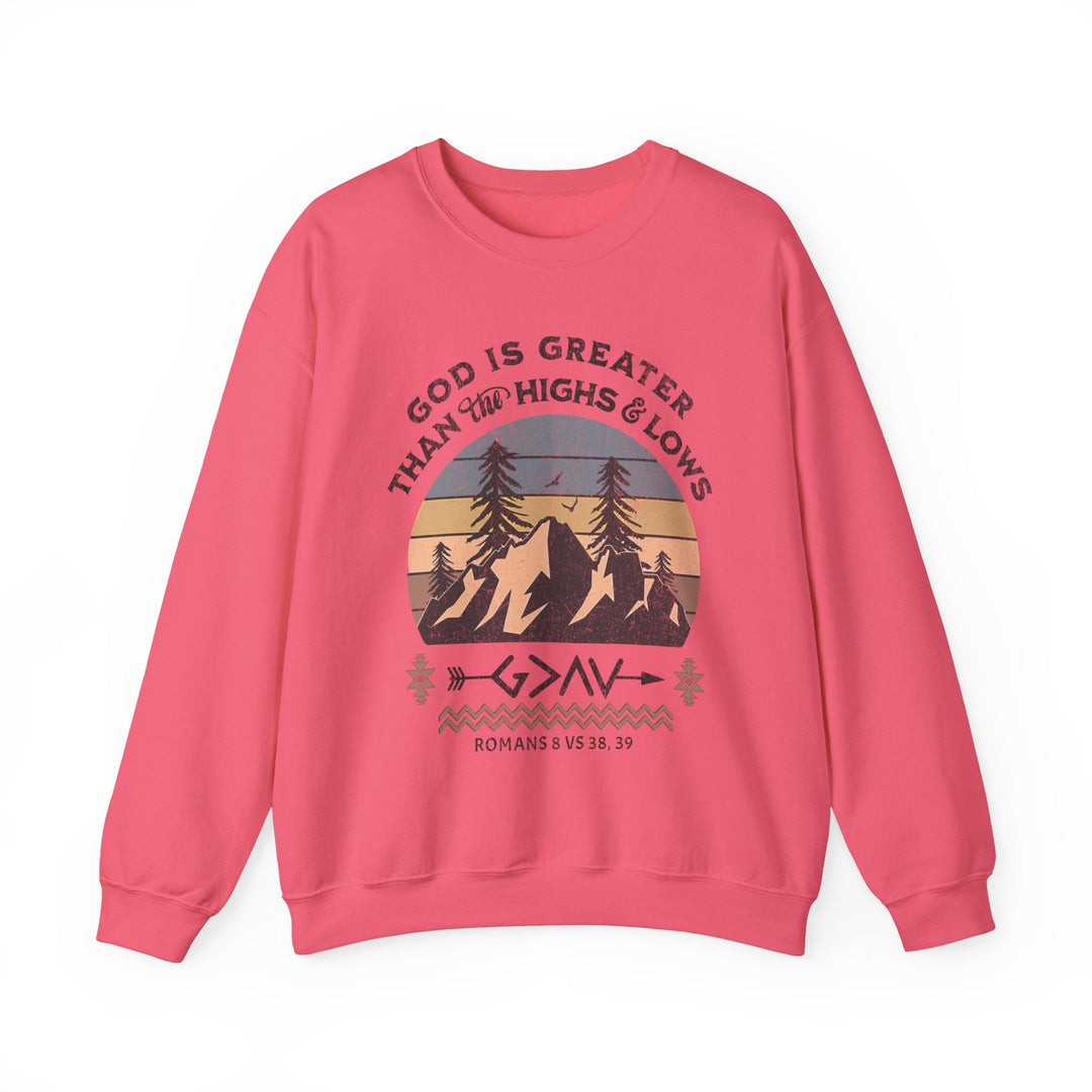 God Is Greater Crew: Pink sweatshirt featuring a graphic design of mountains, trees, and arrows. Made from a polyester-cotton blend for comfort and style.