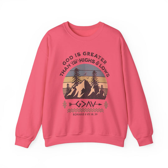 God Is Greater Crew: Pink sweatshirt featuring a graphic design of mountains, trees, and arrows. Made from a polyester-cotton blend for comfort and style.