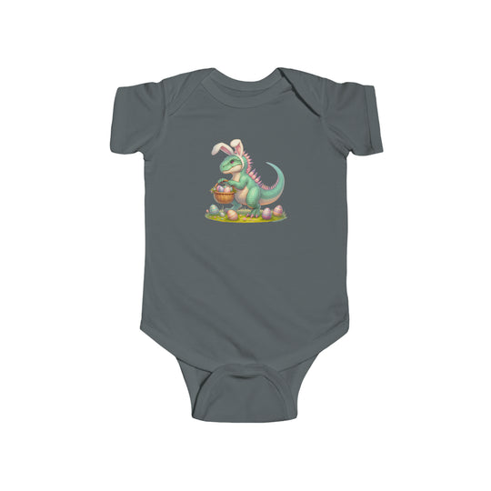 An Eggosaurus Onesie baby bodysuit featuring a cartoon dinosaur with a basket of eggs. Made of 100% cotton, light fabric, with ribbed bindings and plastic snaps for easy changing access. From Worlds Worst Tees.