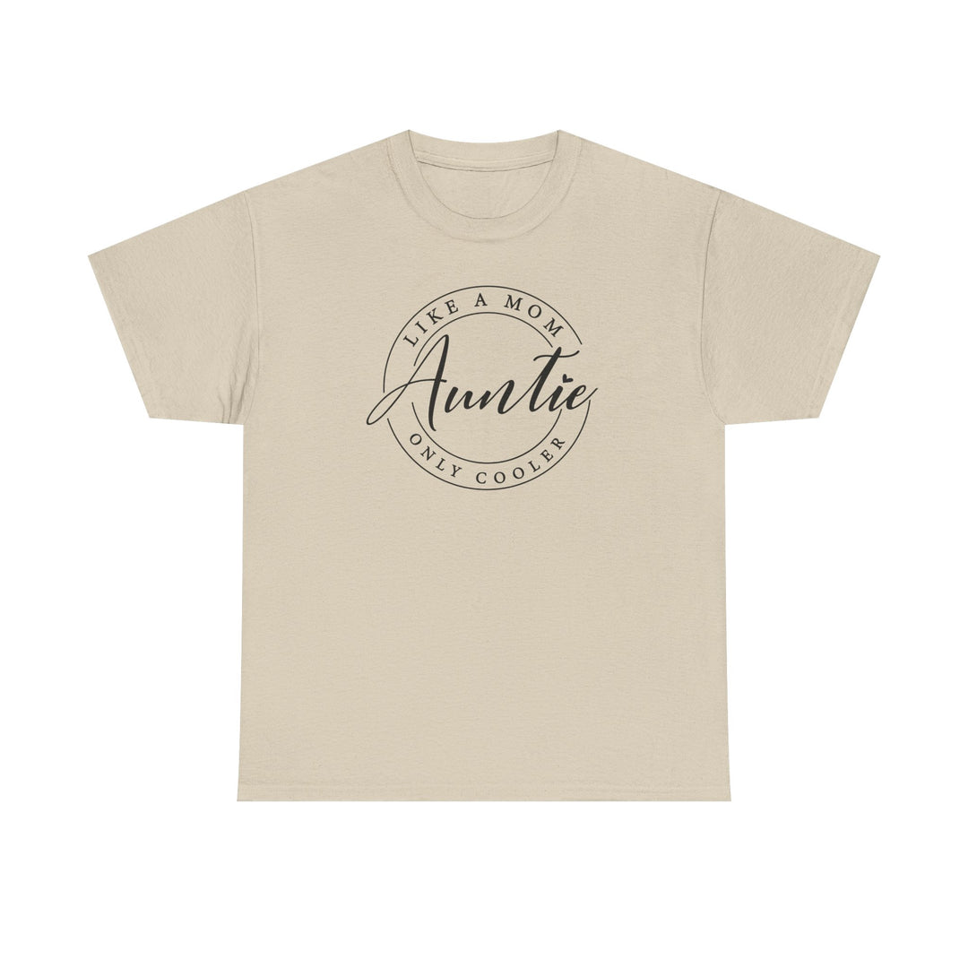 Auntie Tee: White unisex cotton t-shirt featuring bold black text, designed for comfort and durability with a classic fit and smooth printing surface.