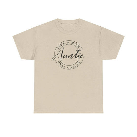 Auntie Tee: White unisex cotton t-shirt featuring bold black text, designed for comfort and durability with a classic fit and smooth printing surface.