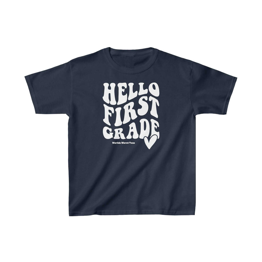 A 1st Grade Tee for kids, featuring durable 100% cotton fabric, twill tape shoulders, and ribbed collar. Light and classic fit with tear-away label, perfect for everyday wear.