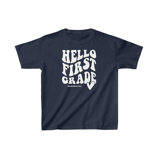 A 1st Grade Tee for kids, featuring durable 100% cotton fabric, twill tape shoulders, and ribbed collar. Light and classic fit with tear-away label, perfect for everyday wear.