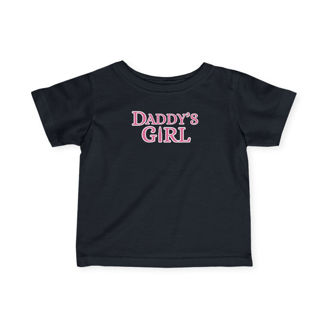 Black Daddy's Girl baby tee with pink writing, designed for comfort and durability, featuring ribbed knitting and taped shoulders for infants.