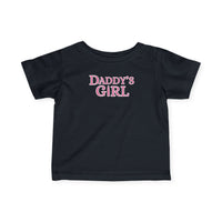 Black Daddy's Girl baby tee with pink writing, designed for comfort and durability, featuring ribbed knitting and taped shoulders for infants.