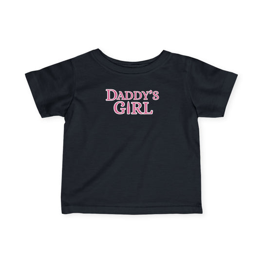 Black Daddy's Girl baby tee with pink writing, designed for comfort and durability, featuring ribbed knitting and taped shoulders for infants.
